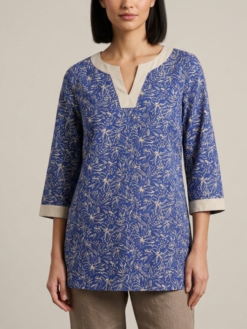 APPLESEED’S V Neck Tunic Top v Neck Linen Blue Cream Botanical Women’s Medium